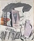 Pablo Picasso, 1913–14, Student with a Newspaper, plaster, oil, Conté crayon, and sand on canvas, 73 x 59.7 cm, Metropolitan Museum of Art