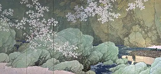 Left panel of the Yuku Haru (行く春, Parting Spring) by Kawai Gyokudō, 1916. Important Cultural Property. National Museum of Modern Art, Tokyo.