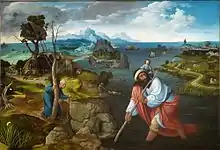Landscape with Saint Christopher, c. 1520, oil on panel, 125&nbsp;cm × 170&nbsp;cm (49.2 × 66.9 in), El Escorial, Monasterio de San Lorenzo, Spain