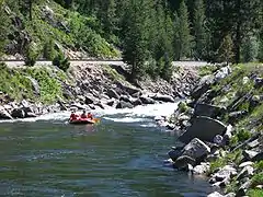 Rafters floating down a small river surrounded by forest