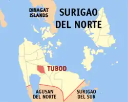 Map of Surigao del Norte with Tubod highlighted