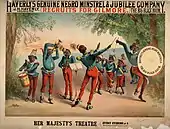 1878. Theater poster, J. H. Haverly's Genuine Negro Minstrel & Jubilee Company, Recruits for Gilmore, playing at Her Majesty's Theater, c. 1878