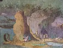 A somewhat faded painting of an island with a cave opening, a group of people and several ships in the background