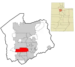 Two maps.  The first map is a map of Utah with a colored in section in the middle representing where Salt Lake County is located.  Second map is a map of Salt Lake County has a colored in section in the southwest showing where South Jordan is located.