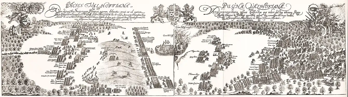The battle depicted on a contemporary engraving with the format 290&nbsp;mm x 1070&nbsp;mm.