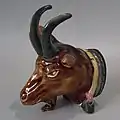 Snuff box, coloured glazes majolica with pewter lid, c.1870, naturalistic goat figure.
