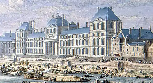 From 1660 to 1663, Louis Le Vau extended the south wing by duplicating Lescot's austere terminal pavilion and wing but providing an original central pavilion with a colossal order of engaged Corinthian columns rising from the ground: 11–12  (detail from an engraving by Jan van Huchtenburg after Adam Frans van der Meulen)