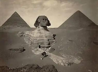 Image 17Great Sphinx of GizaPhoto: Maison Bonfils; Restoration: Lise BroerA late nineteenth century photo of the partially excavated Great Sphinx of Giza, with the Pyramid of Khafre (left) and the Great Pyramid of Giza (right) behind it. The Sphinx is the oldest known monumental sculpture, and is commonly believed to have been built by ancient Egyptians of the Old Kingdom in the reign of the pharaoh Khafra.More featured pictures