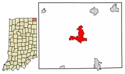 Location of Angola in Steuben County, Indiana.
