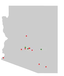 Outline of map of Oregon with colored dots representing the location of Superfund sites in the state