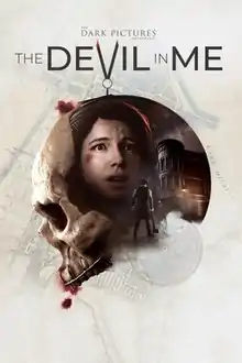 The cover art for The Devil in Me. In the foreground is the logo of The Dark Pictures Anthology, a skull facing the left side of the image. The skull in question has a metal wire over its teeth with hooks from the wire going into the skull's lip area. An image of Kate Wilder with a frightened expression and Granthem Du'Met holding an axe, while standing in front of the H. H. Holmes "Murder Castle" replica, are overlaid on the cranium.