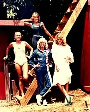 Christine Garner, Terri Robinson, Dinah May and Carinthia West on location in Los Angeles, July 1982, for the shoot of The Optimist, series one