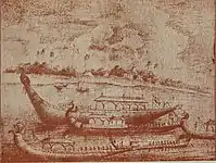 A painting from the book The Musnud of Murshidabad (1704-1904), published in 1905,  showing the river line at Roshniganj. The text reads,  “On the bank of the river at Roshniganj, stands a small building which accommodated the office of the boat establishment of the Nazims. It is known as the Neoara house. A large number of boats, of all descriptions, used to float in the river or rest at anchor near this house.”