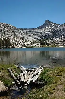 The start of Budd Creek, Yosemite, on Budd Lake, Cockscomb in the background