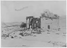 A black and white copy of a sketch showing a Roman temple in ruins in three-quarters view. A tree growing within its walls.