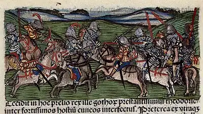 Chronica Hungarorum, Thuróczy chronicle, Battle of the Catalaunian Plains, Attila, Aetius, Huns, Romans, cavalry, armored soldiers, fight, battle, medieval, Hungarian chronicle, book, illustration, history