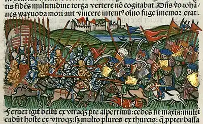 Chronica Hungarorum, Thuróczy chronicle, Battle of the Iron Gate, Transylvania, John Hunyadi, Hungary, Hungarians, Ottoman Empire, Ottomans, campaign, battle, fight, horses, armored soldiers, cavalry, Hungarian flag, Hungarian coat of arms, medieval, Hungarian chronicle, book, illustration, history
