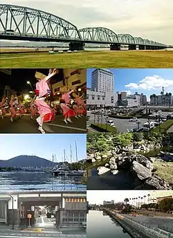 Top:Yoshino River Bridge, Second:Awa Odori on August, Tokushima Station, Third:Mount Bizan, Senshukaku Garden in Tokushima Castle, Bottom:Awa Jūrōbei House, Aibahama Park, all item for left to right