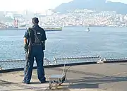 YN3 Tanya Enis stands force protection watch in Pusan harbor as USS&nbsp;Blue Ridge (LCC-19) makes a 2-day port call.