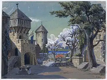 Valdemar Gyllich's coloured sketch for the scenigraphy for the 1874 production in conjunction with the opening of the new Total Danish Theatre.
