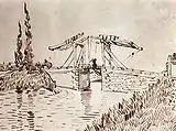 Drawbridge with Lady with Parasol, pen and ink, 23.5 × 31&nbsp;cm., 1888, Los Angeles County Museum (F1471)