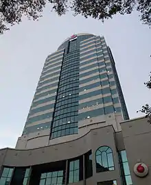 NTT Tower at 157 Lambton Quay, pictured with its former Vodafone branding