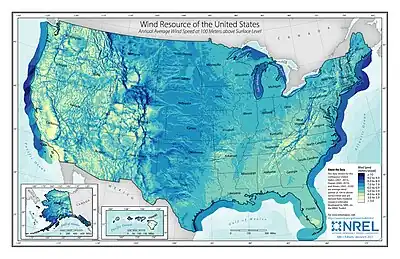 Map of average wind speeds at 100 meters for the United States.