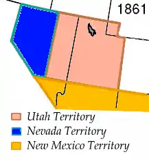 Image 3The Nevada 1861 territory boundary (blue) changed three times: 1864 statehood shifted eastern border from 39th to 38th meridian, 1866 May 5; east border (pink) moved eastward 53.3&nbsp;mi (85.8&nbsp;km), from the 38th to 37th meridian, and 1867 January 18; south boundary (yellow) moved from the 37th parallel north southward to the current boundary (14 Stat. 43) (from History of Nevada)