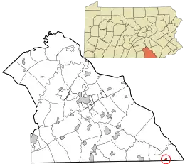 Location of York County, Pennsylvania in Pennsylvania (top) and of Delta in York County (bottom)