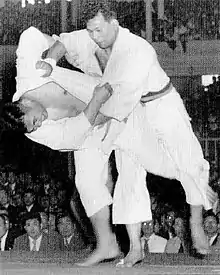 Image 42Yoshihiko Yoshimatsu attempting to throw Toshiro Daigo with an uchi mata in the final of the 1951 All-Japan Judo Championships (from Judo)