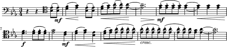 {
\clef bass \key c \minor \time 3/4
\set Score.tempoHideNote = ##t
\tempo 4 = 60
r4 r4 \clef tenor <bes es'>8-.( <bes es'>-.) \mf
<d' f'>4(\< <es' g'>)\! <bes es'>8-.( <bes es'>-.)
<d' f'>8(\< <es' g'>) <es' as'>-.( <es' as'>-.) <es' as'>4\!~
<es' as'>2.\>
<es' g'>8-.( \mf <es' g'>-. <es' g'>-. <es' g'>-.) <es' g'>4~
<es' g'>\< <es' g'> <es' g'>
<d' f'>4.\f <d' f'>8-.( <d' f'>8-. <d' f'>8-.)
<es' g'>2 <c' es'>4 \mf
<d' f'>(\< <es' g'>) <bes es'>\!
<d' f'>8\<( <es' g'>) <es' as'>-.( <es' as'>-. <es' as'>-. <es' as'>-.\!)
<es' as'>-.(_\markup{\italic{cresc.}} <es' as'>-. <es' as'>-. <es' as'>-.\!) <es' as'>-.( <es' as'>-.
<es' as'>-. <es' as'>-.\!) <es' as'> <es' g'> <es' as'>4~
<es' as'>2.
}