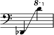 {
\override Score.SpacingSpanner.strict-note-spacing = ##t
\set Score.proportionalNotationDuration = #(ly:make-moment 1/8)
\override Score.TimeSignature #'stencil = ##f
\relative c {
\time 2/4
\clef bass
\ottava #0 des,4 \glissando \ottava #1 d'''
}
}