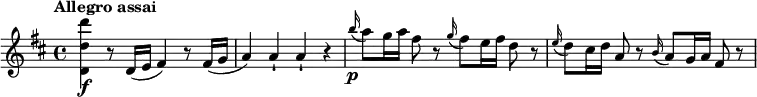 \relative c'' {
\key d \major
\tempo "Allegro assai"
<d' d, d,>\f r8 d,,16( e fis4) r8 fis16( g a4) a-! a-! r \grace b'16\p(a8 ) g16 a fis8 r \grace g16(fis8 ) e16 fis d8 r \grace e16(d8 ) cis16 d a8 r \grace b16(a8 ) g16 a fis8 r
}