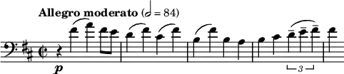 \relative c' {
\clef bass
\key d \major
\time 2/2
\tempo "Allegro moderato" 2 = 84
\set Staff.midiInstrument = "cello"
r4\p fis( a) fis8 e
d4( fis) cis( fis)
b,( fis') b, a
b cis \times 2/3 {d--( e-- fis--)}
fis
}