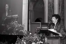 Mernissi receiving the Erasmus Prize, 2004