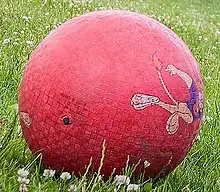 A red utility ball sitting in grass